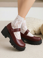 Académique Lolita Chaussures Escarpins en cuir PU à bout rond bordeaux simple