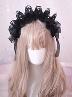 Accessoire de cheveux gothique Lolita Ruffle Bow Pearl Lace Black Déguisements Halloween