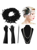 Années 1920 Flapper Bandeau Paon Great Gatsby Ensemble de Bijoux Plumes Perles Tabac Pipe Collier Gants Déguisements Halloween Rétro Accessoires