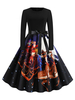 Années 1950 robe vintage Jewel Bows cou Layered manches longues femme longueur au genou Motif Noël Robe Swing