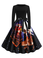 Années 1950 robe vintage Jewel Bows cou Layered manches longues femme longueur au genou Motif Noël Robe Swing