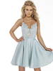Avec robe de bal bleu bébé A-ligne col en V sans manches en satin tissu dentelle robe de soirée courte