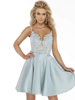 Avec robe de bal bleu bébé A-ligne col en V sans manches en satin tissu dentelle robe de soirée courte