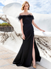 Avec robe de cocktail Jolie sirène avec traîne Col bateau Plumes Soie élastique comme du satin