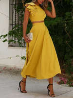 Avec robe de cocktail élégante longueur thé deux pièces col bijou plissé
