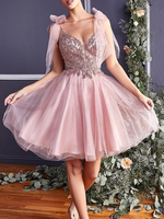 Avec robe de cocktail rose élégant une ligne sans manches col en V dos nu arcs dentelle courte robe de reconstitution historique