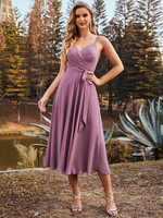 Avec robe de retour A-ligne col en V sans manches dos nu ceinture en mousseline de soie robe longueur de thé
