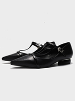 Ballerines noires pour femmes en cuir PU bout pointu T-Type Bandage en cuir PU ballerines