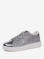 Baskets à bout rond en tissu pailleté argenté pour femmes (<1") Chaussures décontractées