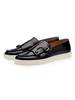 Baskets Homme Cuir Verni Boucle Bout Rond Basses Chaussures Noir