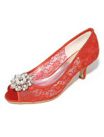 Belle chaussure de mariée en dentelle à petits talons avec perles Escarpin