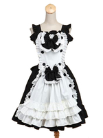 Belle robe à bretelles lolita en coton mélangé noire bicolore avec noeud col carré Robe sans manches Déguisements Halloween