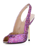 Belles chaussures en tissu de paillette fuchsia à talons aigus et peep-toe