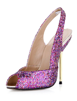 Belles chaussures en tissu de paillette fuchsia à talons aigus et peep-toe