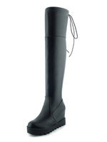 Black Over The Knee Boots Plateforme à bout rond Bottines compensées à lacets Femme Cuissardes
