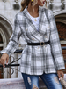 Blazer blanc femme col rabattu à manches longues à carreaux vestes courtes superposées