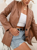 Blazer Court Femme à Col Revers à Cuir Synthétique avec Manches Longues avec Boutons Unicolore