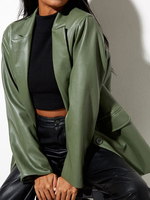 Blazer Court Femme à Cuir Synthétique Femme à Col Revers avec Manches Longues avec Poches Unicolore