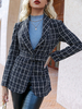 Blazer Court Femme Imprimé Carreaux avec Manches Longues Coupe Cintrée à Lacets Bicolores