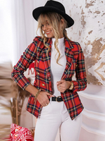 Blazer Court Imprimé Carreaux Femme à Col Revers avec Manches Longues avec Boutonnages Bicolores Veste