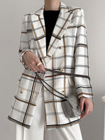 Blazer décontracté femme blanc à carreaux col rabattu à manches longues vestes décontractées à double boutonnage