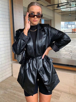 Blazer en Cuir Synthétique Verni Femme à Col Revers avec Manches Longues Coupe Cintrée Unicolore Veste Femme