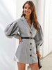 Blazer Femme Mode Polyester Boutons Col V Manches Longues Manteaux Gris