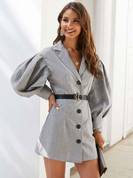 Blazer Femme Mode Polyester Boutons Col V Manches Longues Manteaux Gris