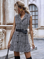Blazer Gilets Femmes Carreaux à Col Revers avec Ceinturé Fermeture avec Boutonnages sans Manches Bicolores