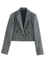 Blazer Veste Femmes Carreaux Taille Haute à Col Revers avec Manches Longues Bicolores avec Poches