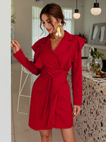 Blazers Femmes Mi-longs à Col Revers avec Volants Coupe Cintrée à Lacets avec Manches Longues Unicolore