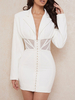 Blazers Robes Femmes Moulantes Courtes à Col Revers avec Décolleté en V avec Manches Longues Coupe Cintrée Transparentes Fermeture avec Boutons Unicolore Sexy