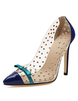 Bleu Chaussures à talons hauts femmes bout pointu arc perlé glisser sur les pompes