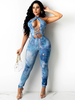 Bleu ciel clair bicolore col en V sans manches découpes dos nu polyester skinny été tenue une pièce