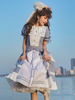 Bleu Ciel Clair Lolita Robe Dentelle Manches Courtes Haut Taille Style Rétro