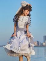 Bleu Ciel Clair Lolita Robe Dentelle Manches Courtes Haut Taille Style Rétro