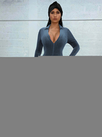 Bleu Femmes col V à manches longues en coton Fermeture à glissière Cupless Mélange maigre été Salopette