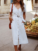 Bleu Maxi robes à manches courtes à rayures col V en coton Robe longue avec Bretelle