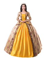 Blond Rétro Costumes À Volants Imprimé Floral Style Victorien Mat Satin Déguisements Halloween Ensemble Les Femmes Robe Vintage Vêtements