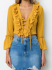 Blouse Chemise Femme Courte à Col Décolleté en V à Lacets Croisé avec Manches Longues Volantes Unicolore Sexy