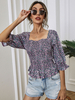 Blouse Chemise Femme Imprimés Fleures Courte à Col Carré avec Manches Mi-longues Amples Coupe Cintrée Bas Evasée Bicolores Blouse Sexy
