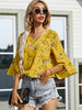 Blouse Chemise Femme Imprimés Fleures Courte à Col V avec Manches Mi-longues Volante Coupe Cintrée Bicolores Blouse Sexy
