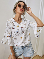 Blouse Chemise Femme Imprimés Fleures Courte à Col V avec Manches Mi-longues Volante Coupe Cintrée Bicolores Blouse Sexy