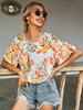 Blouse Chemise Imprimé Fleurie Femme Courte à Col Rond avec Manches Mi-longue Volante Coupe Cintrée Bas Evasée