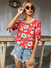 Blouse Chemise Imprimé Fleurie Femme Courte à Col Rond avec Manches Mi-longue Volantes Sexy