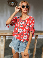 Blouse Chemise Imprimé Fleurie Femme Courte à Col Rond avec Manches Mi-longue Volantes Sexy