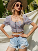 Blouse Chemise Taille Haute Imprimé Fleurie avec Manches Courtes Amples à Col Carré à Lacets Coupe Cintrée Elastique