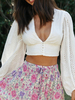 Blouse Chemiser Taille Haute Femme à Col Décolleté en V avec Manches Longues Ammples Unicolore Blouse Femme