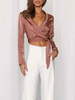 Blouse Chemiser Taille Haute Verni avec Manches Longues à Col Décolleté en V Coupe Cintrée à Lacets Unicolore Blouse Femme