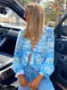 Blouse Chemisier Court Femme Imprimé à Col Décolleté en V à Lacets avec Manches Longues Amples Bicolores